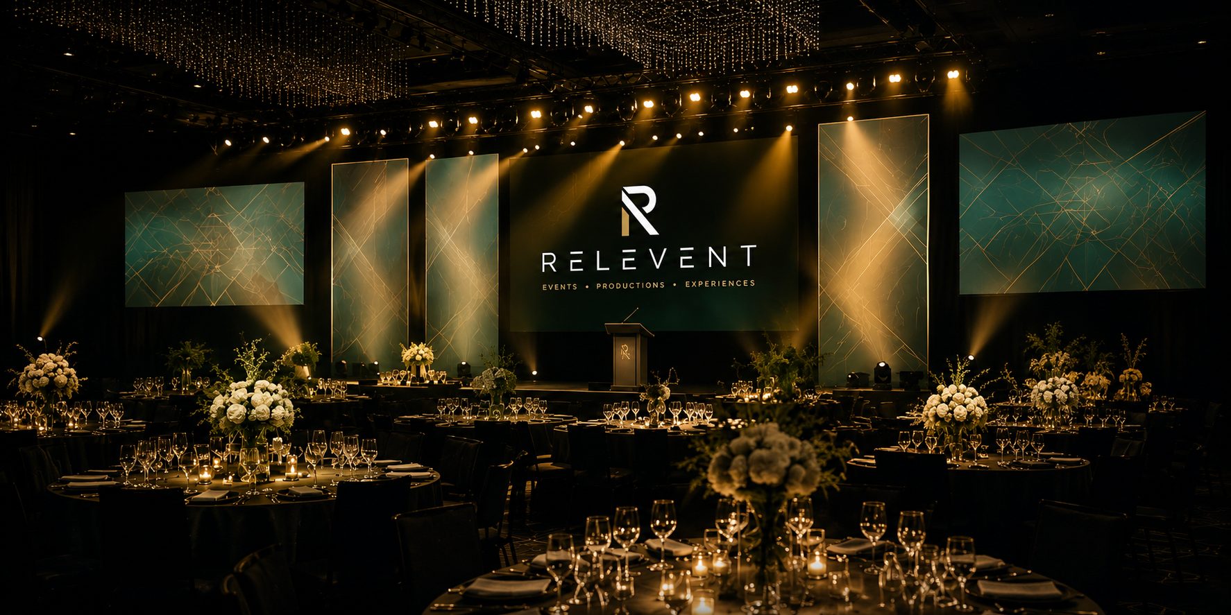A gala dinner ballroom staged by Relevent, with the Relevent logo displayed on the main stage screen